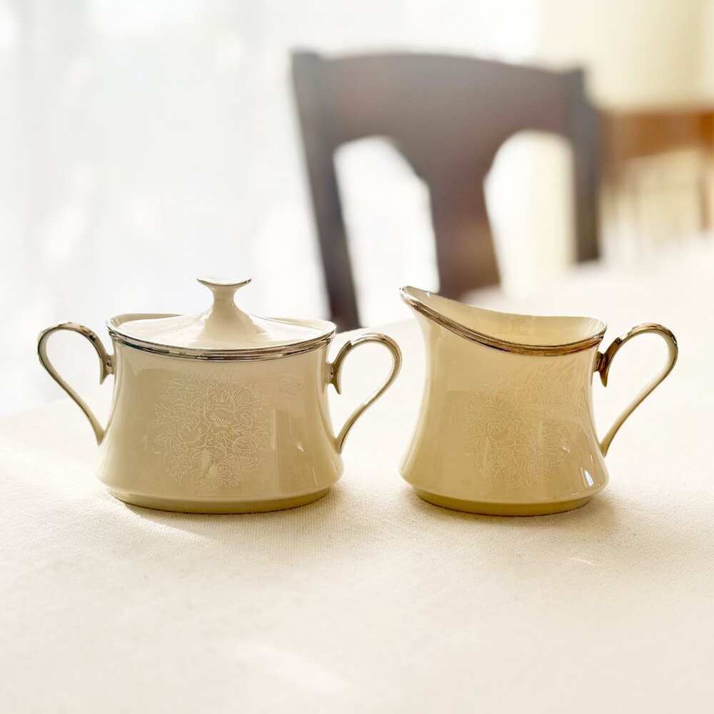 Rare Vintage Lenox Moonspun Creamer & Sugar Bowl with Lid | Fine Bone China